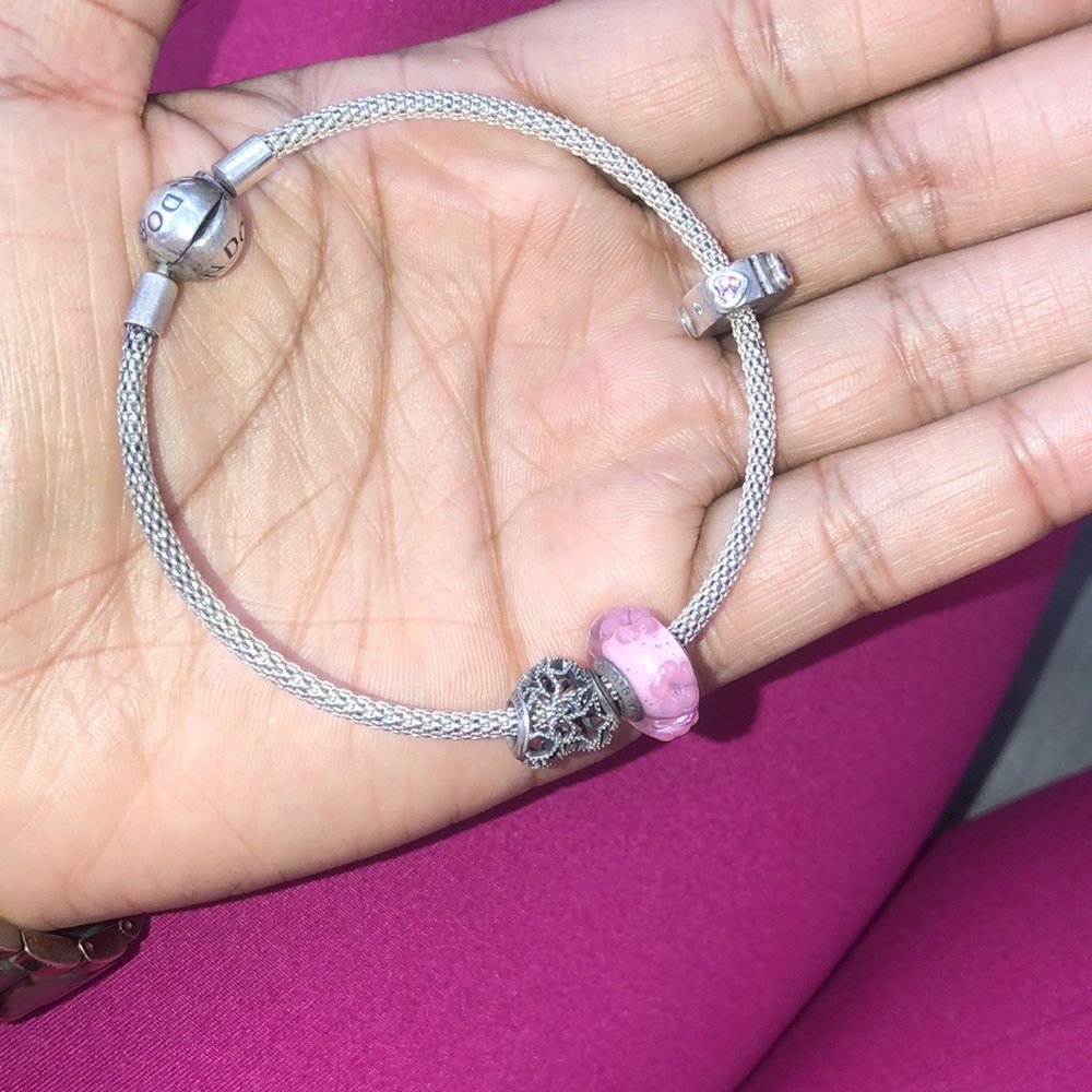 Authentic Pandora Mesh Bracelet with charms and a spacer
